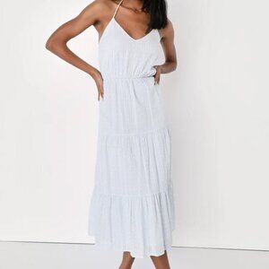 NWT Lulus Sunny Reverie Light Blue Swiss Dot Lurex Halter Midi Dress